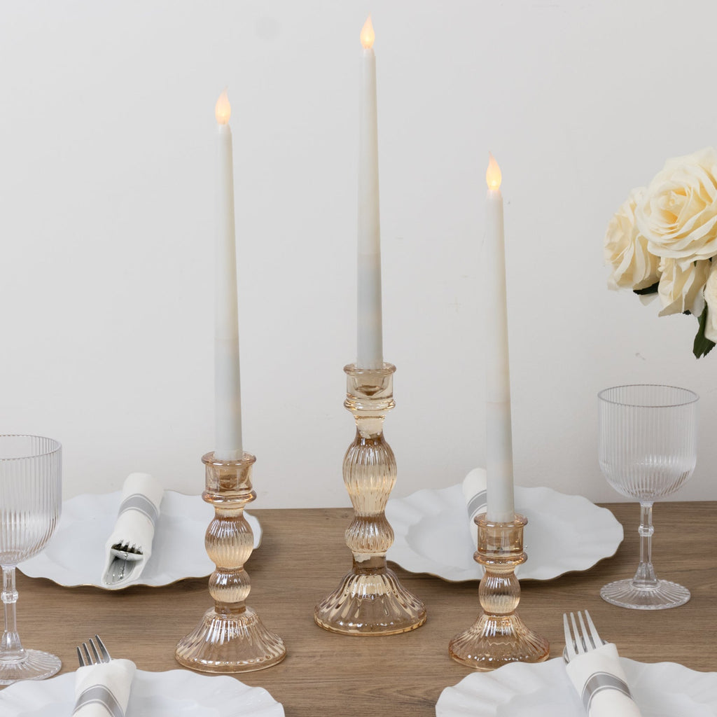 Set of 3 Amber Gold Ribbed Glass Taper Candlestick Holders, Fluted Crystal Candle Stands - 4", 6", 8" - Bell Racket Store