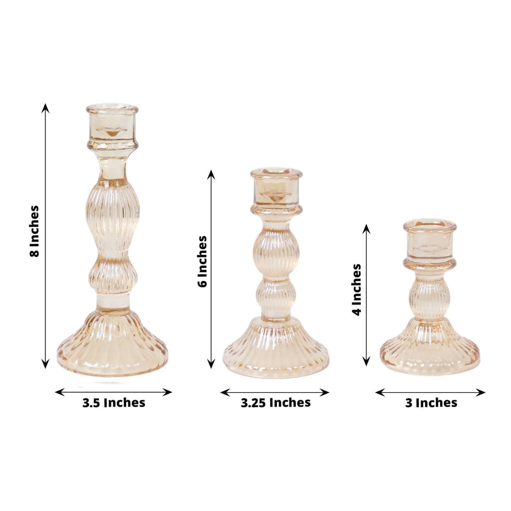 Set of 3 Amber Gold Ribbed Glass Taper Candlestick Holders, Fluted Crystal Candle Stands - 4", 6", 8" - Bell Racket Store