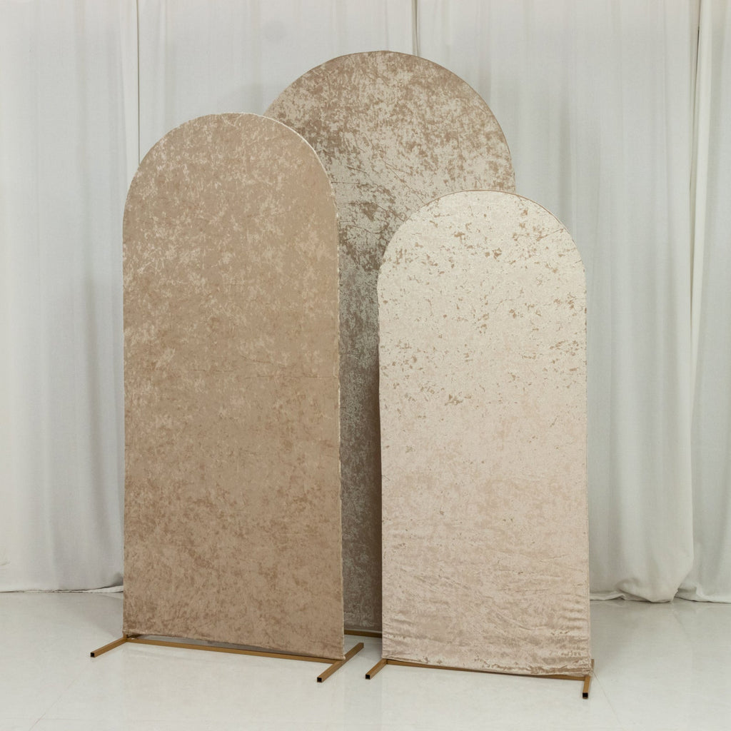Set of 3 Beige Crushed Velvet Chiara Backdrop Stand Covers For Round Top Wedding Arches - 5ft, 6ft, 7ft - Bell Racket Store