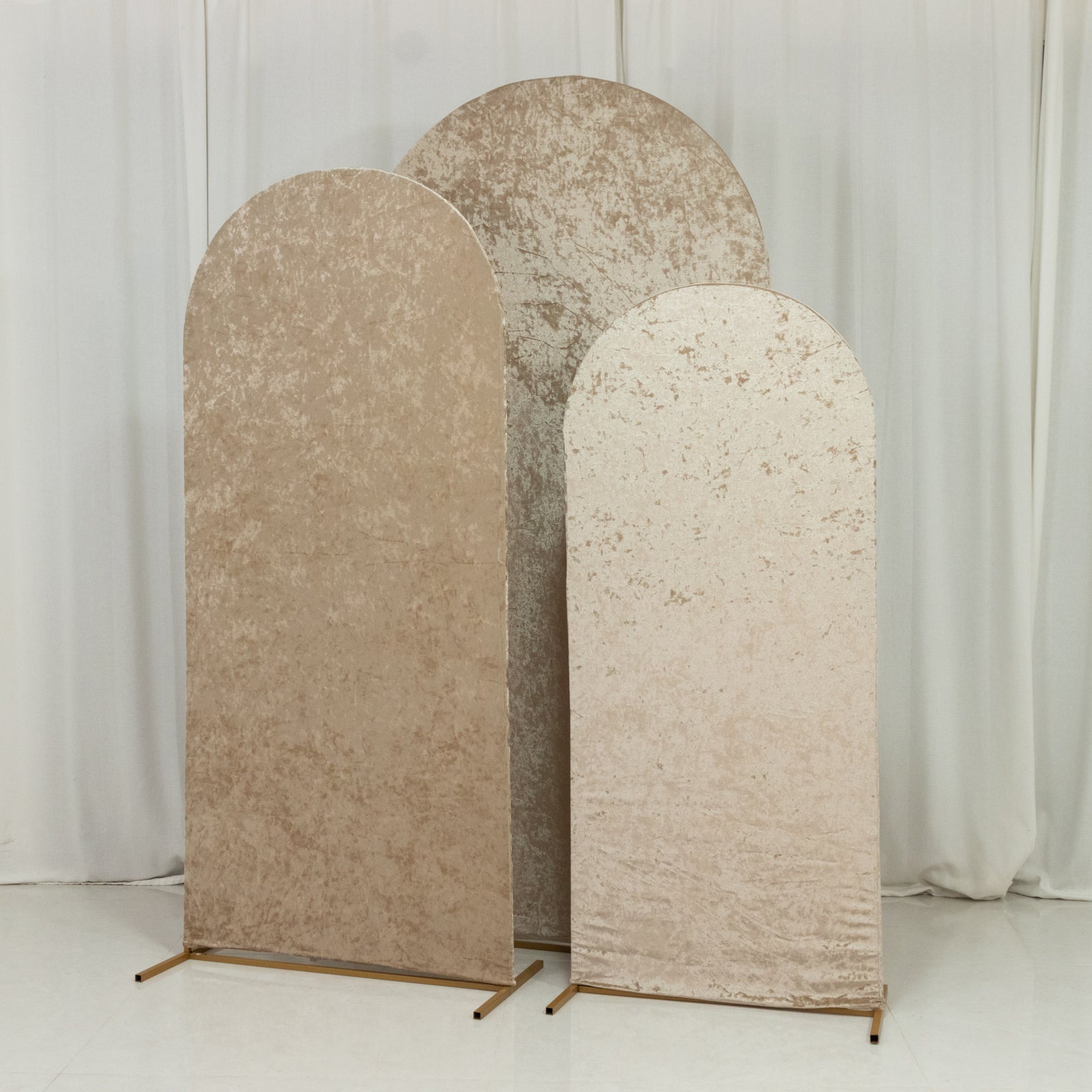 Set of 3 Beige Crushed Velvet Chiara Backdrop Stand Covers For Round Top Wedding Arches - 5ft, 6ft, 7ft - Bell Racket Store