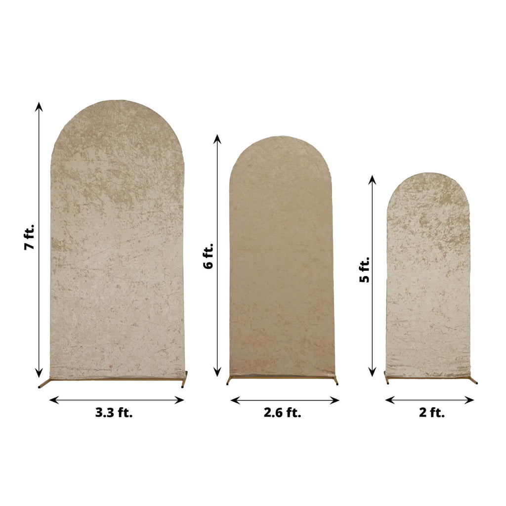 Set of 3 Beige Crushed Velvet Chiara Backdrop Stand Covers For Round Top Wedding Arches - 5ft, 6ft, 7ft - Bell Racket Store