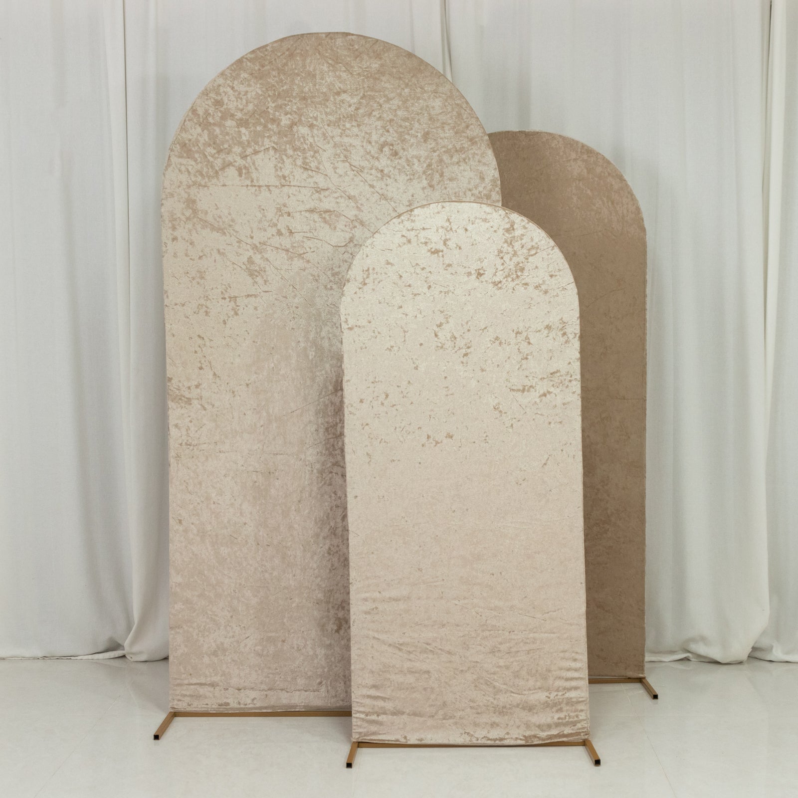 Set of 3 Beige Crushed Velvet Chiara Backdrop Stand Covers For Round Top Wedding Arches - 5ft, 6ft, 7ft - Bell Racket Store