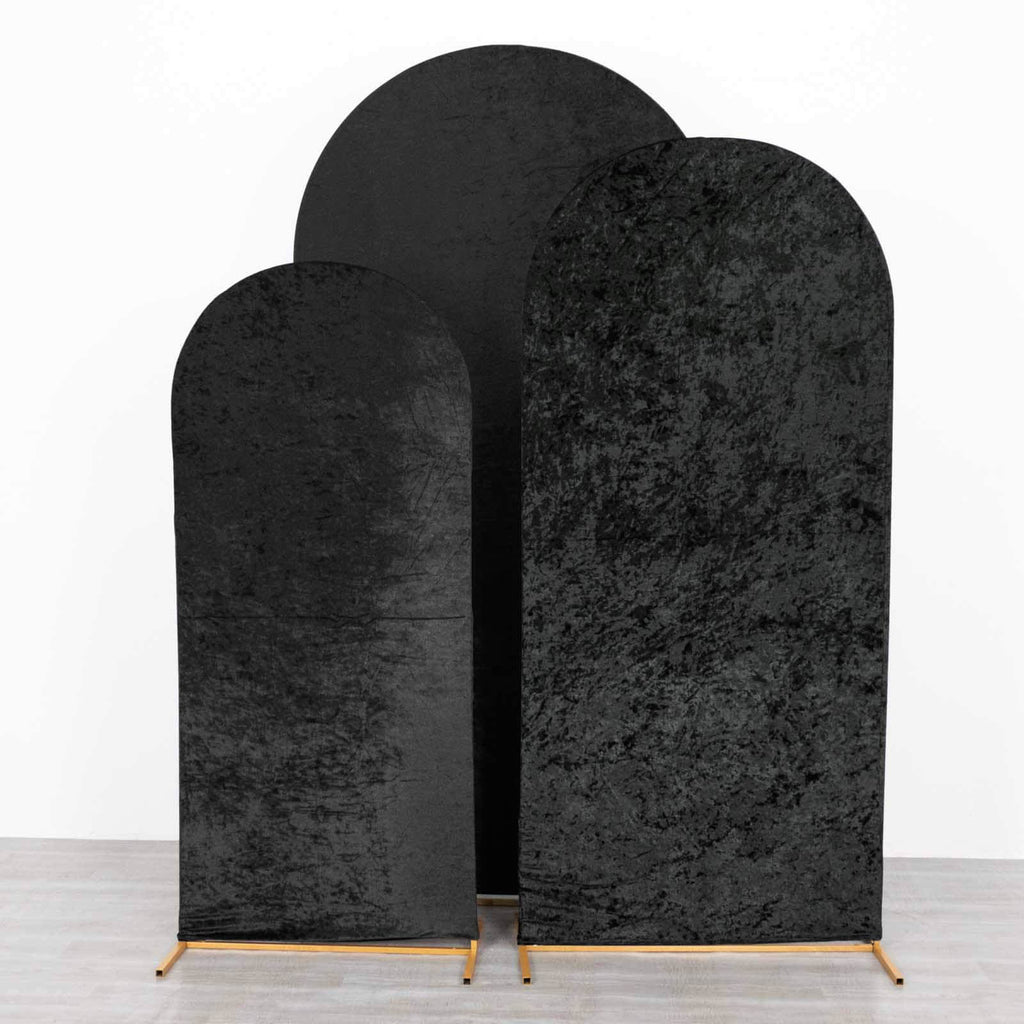 Set of 3 Black Crushed Velvet Chiara Backdrop Stand Covers For Round Top Wedding Arches - 5ft, 6ft, 7ft - Bell Racket Store