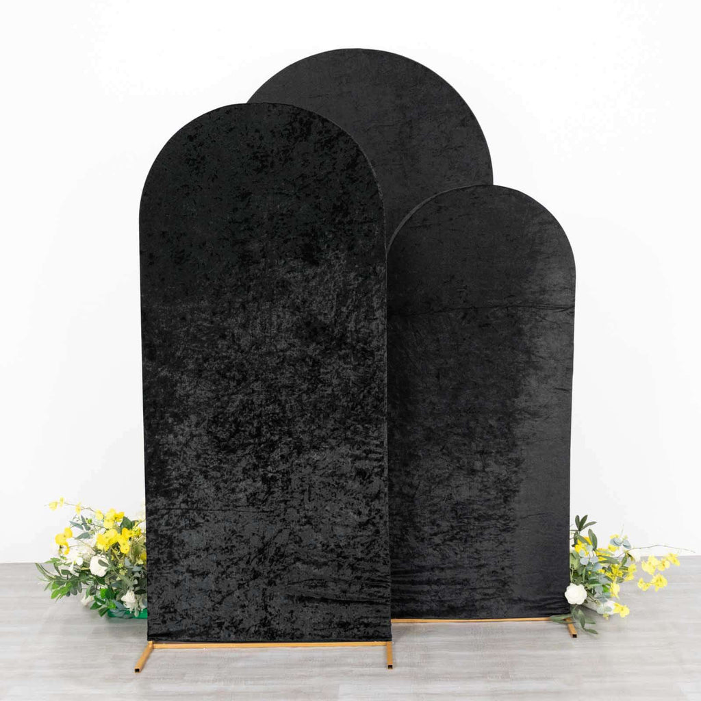 Set of 3 Black Crushed Velvet Chiara Backdrop Stand Covers For Round Top Wedding Arches - 5ft, 6ft, 7ft - Bell Racket Store