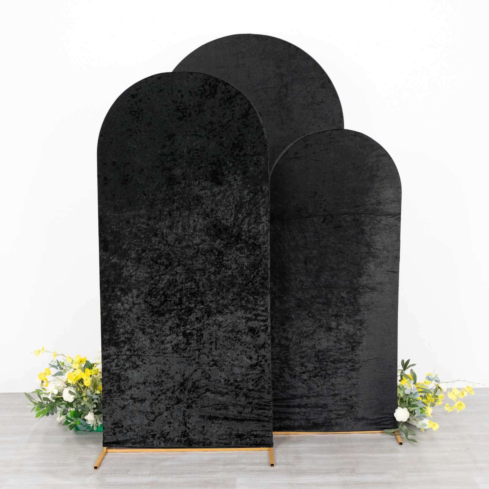 Set of 3 Black Crushed Velvet Chiara Backdrop Stand Covers For Round Top Wedding Arches - 5ft, 6ft, 7ft - Bell Racket Store
