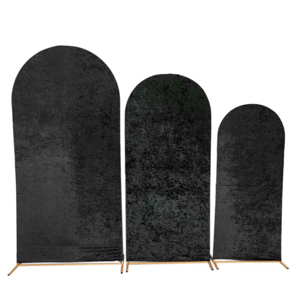 Set of 3 Black Crushed Velvet Chiara Backdrop Stand Covers For Round Top Wedding Arches - 5ft, 6ft, 7ft - Bell Racket Store