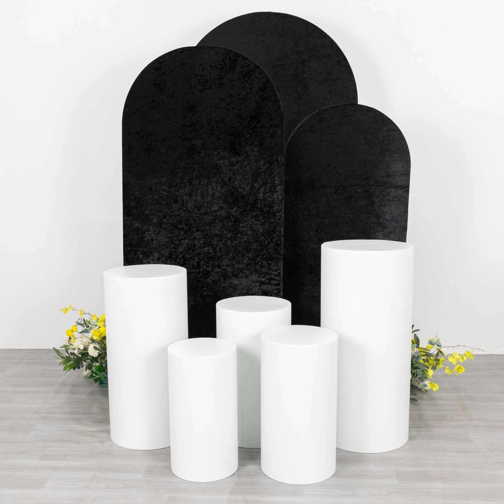 Set of 3 Black Crushed Velvet Chiara Backdrop Stand Covers For Round Top Wedding Arches - 5ft, 6ft, 7ft - Bell Racket Store