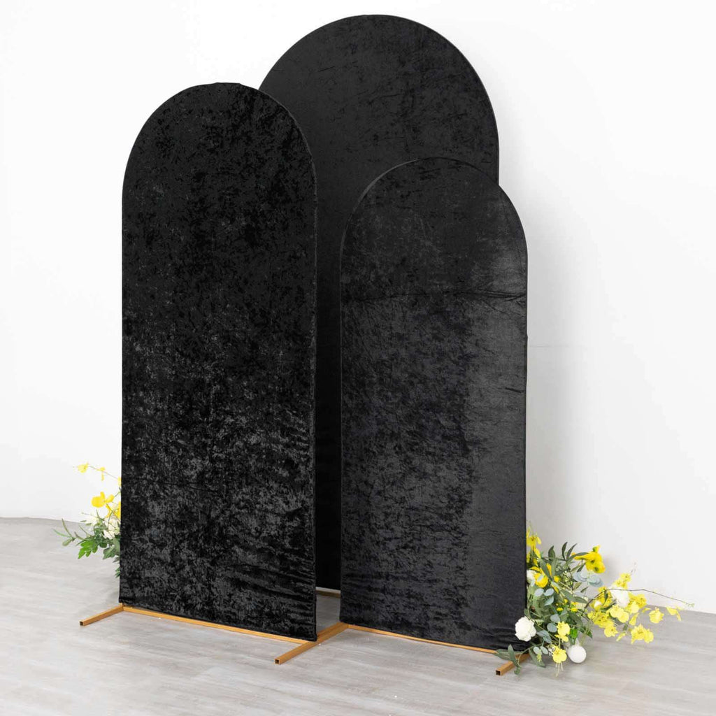 Set of 3 Black Crushed Velvet Chiara Backdrop Stand Covers For Round Top Wedding Arches - 5ft, 6ft, 7ft - Bell Racket Store