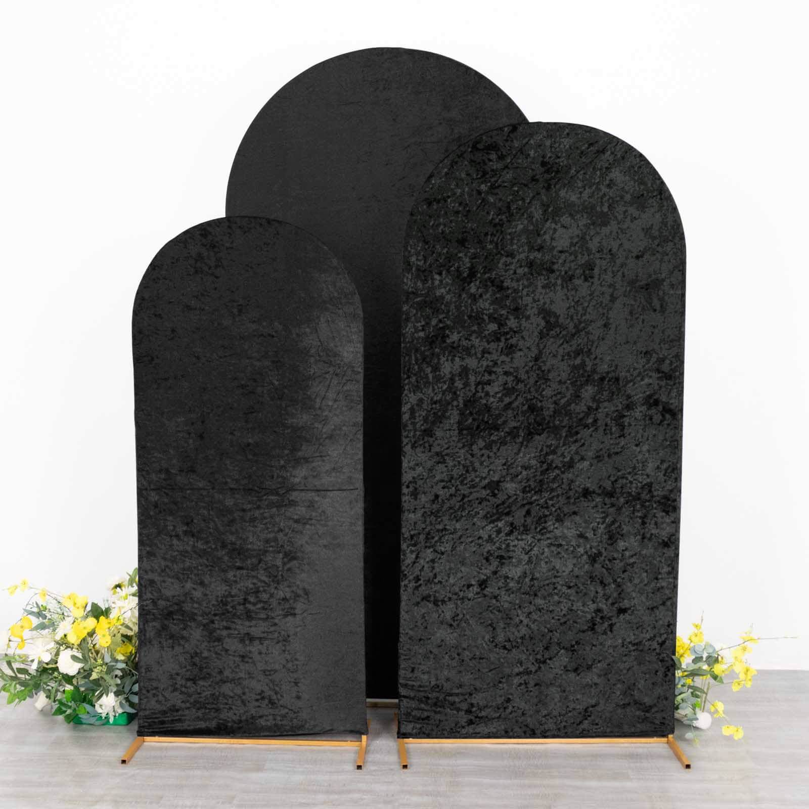 Set of 3 Black Crushed Velvet Chiara Backdrop Stand Covers For Round Top Wedding Arches - 5ft, 6ft, 7ft - Bell Racket Store
