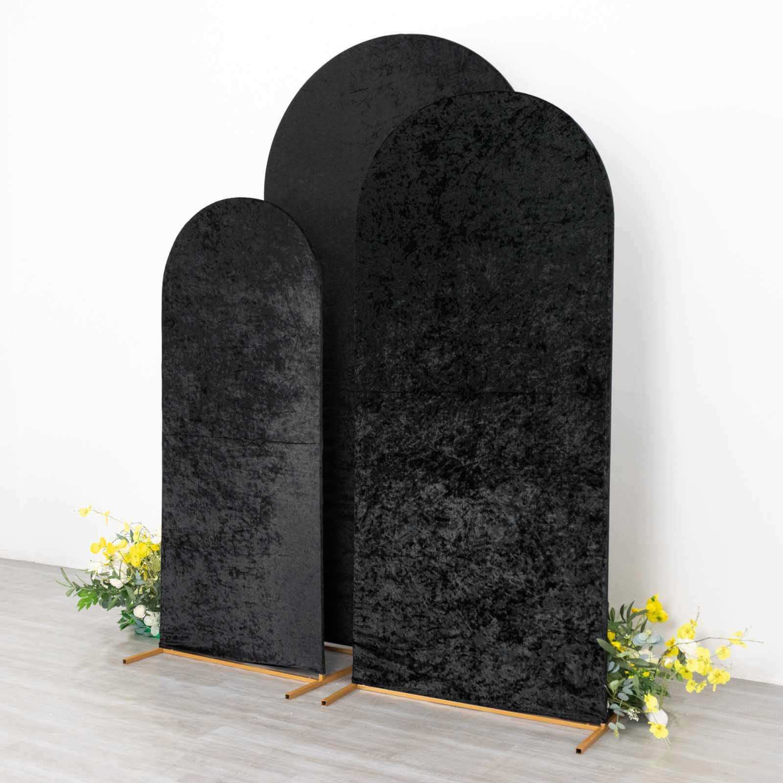 Set of 3 Black Crushed Velvet Chiara Backdrop Stand Covers For Round Top Wedding Arches - 5ft, 6ft, 7ft - Bell Racket Store