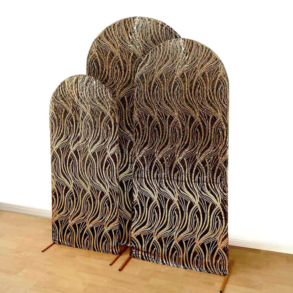 Set of 3 Black Wave Mesh Chiara Wedding Arch Covers With Gold Embroidered Sequins, Fitted Covers For Round Top Backdrop Stands - 5ft,6ft,7ft - Bell Racket Store