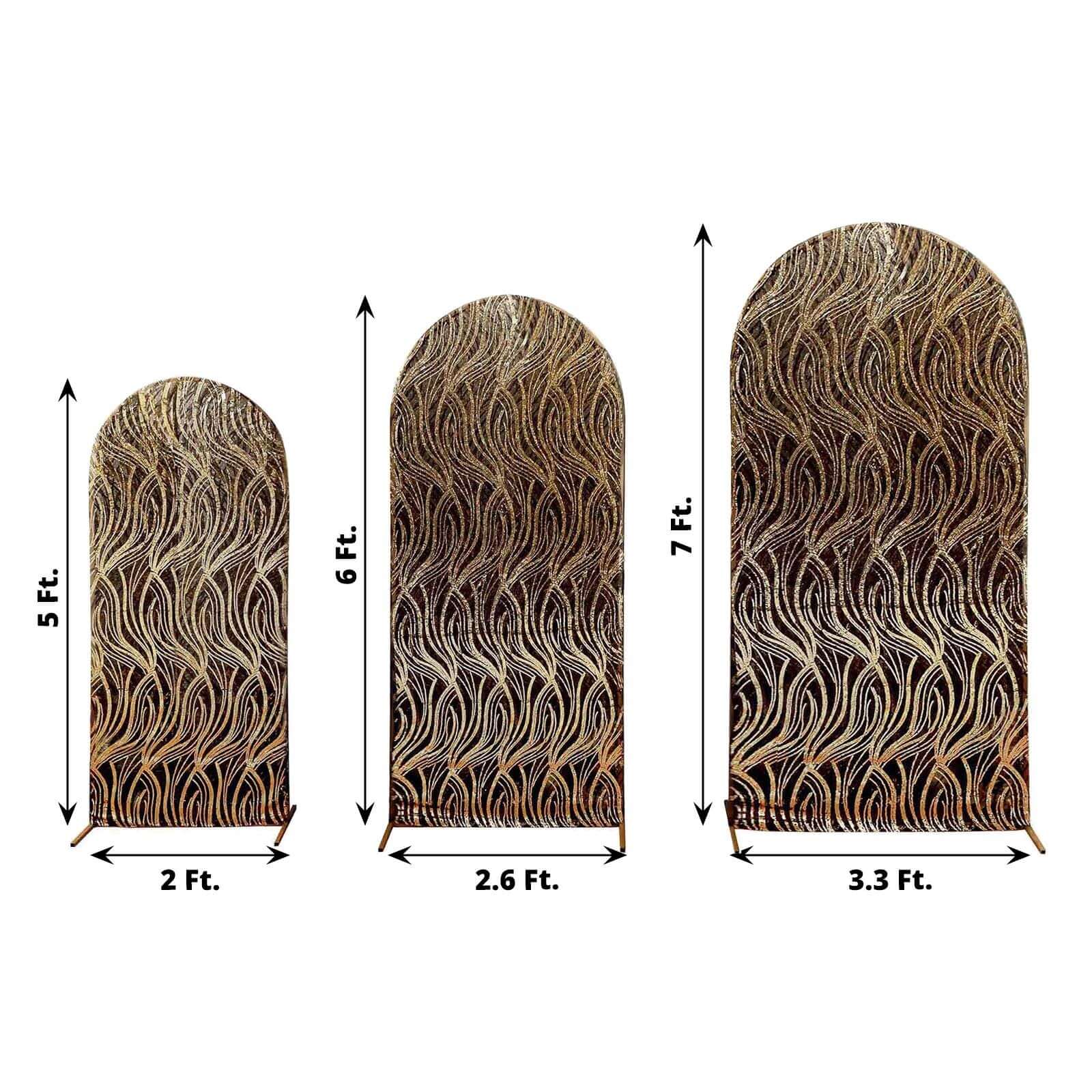 Set of 3 Black Wave Mesh Chiara Wedding Arch Covers With Gold Embroidered Sequins, Fitted Covers For Round Top Backdrop Stands - 5ft,6ft,7ft - Bell Racket Store