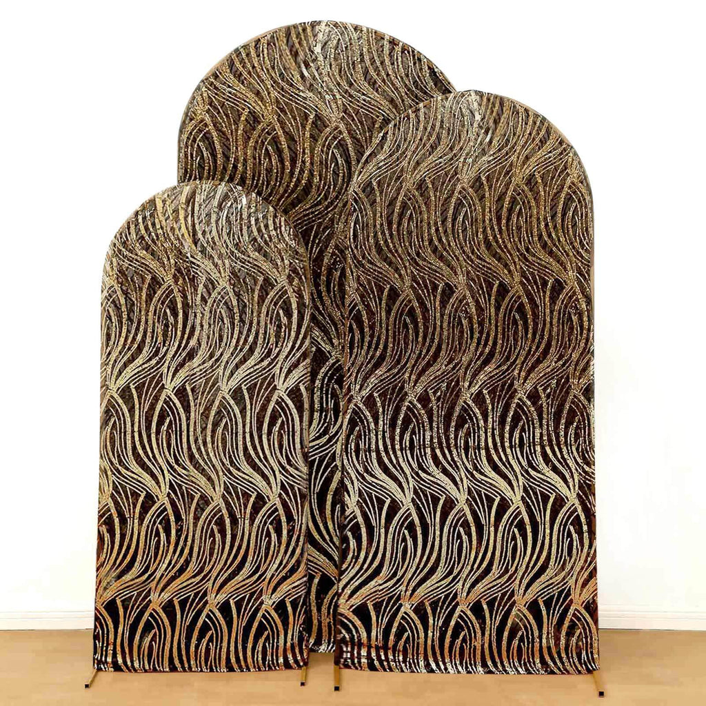 Set of 3 Black Wave Mesh Chiara Wedding Arch Covers With Gold Embroidered Sequins, Fitted Covers For Round Top Backdrop Stands - 5ft,6ft,7ft - Bell Racket Store