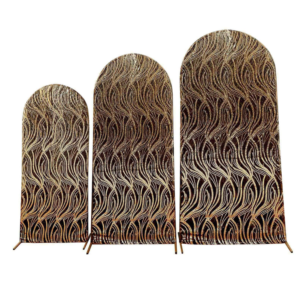 Set of 3 Black Wave Mesh Chiara Wedding Arch Covers With Gold Embroidered Sequins, Fitted Covers For Round Top Backdrop Stands - 5ft,6ft,7ft - Bell Racket Store