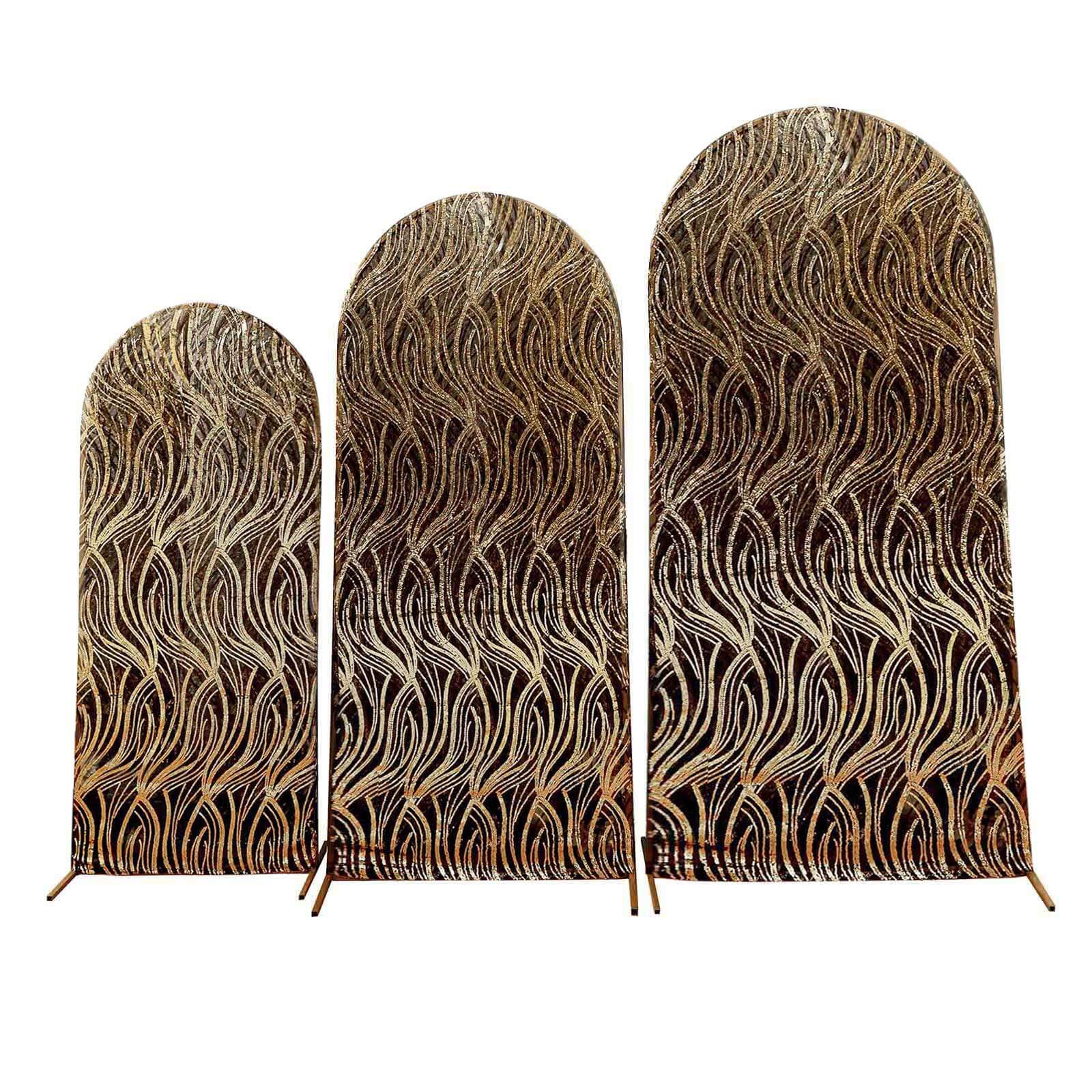 Set of 3 Black Wave Mesh Chiara Wedding Arch Covers With Gold Embroidered Sequins, Fitted Covers For Round Top Backdrop Stands - 5ft,6ft,7ft - Bell Racket Store
