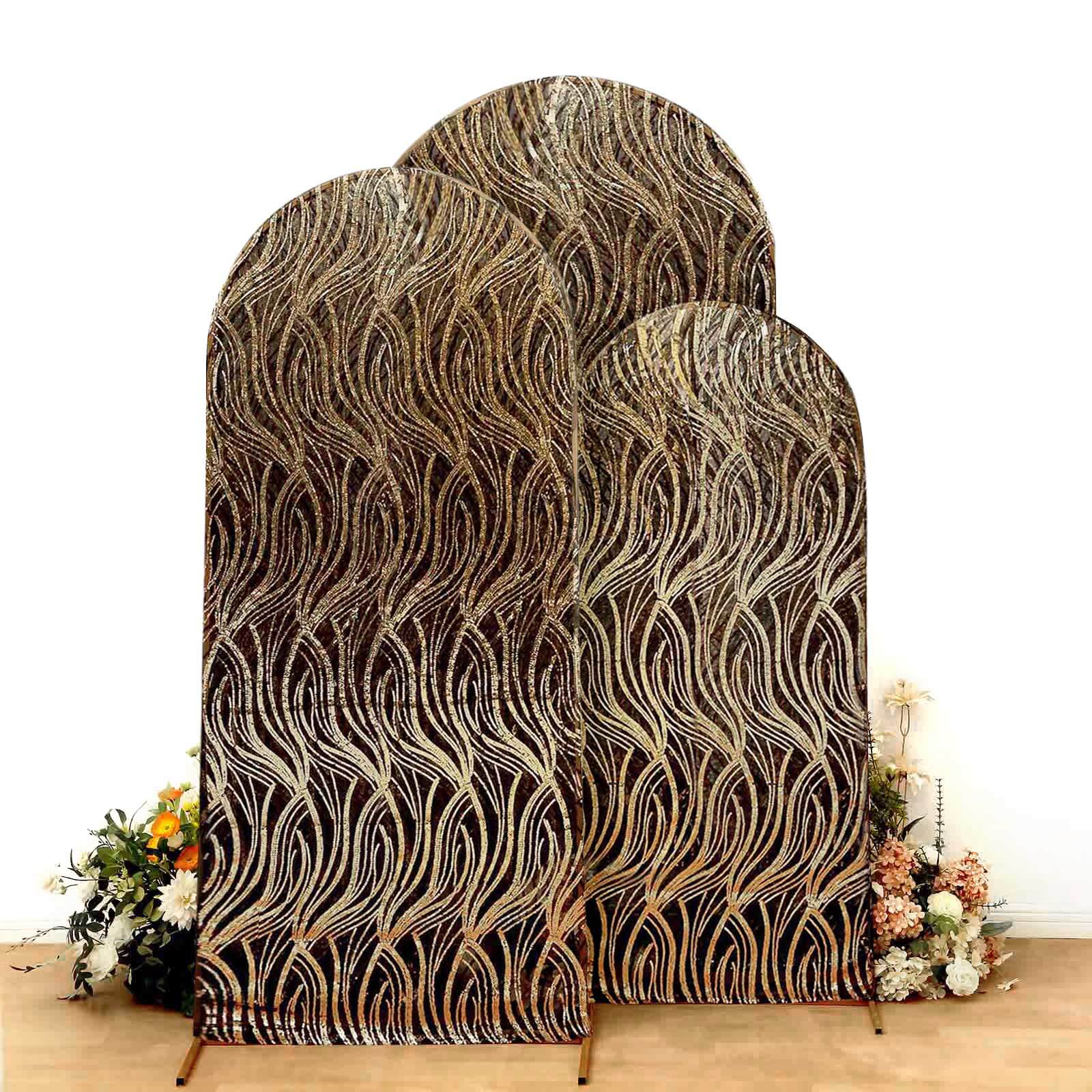Set of 3 Black Wave Mesh Chiara Wedding Arch Covers With Gold Embroidered Sequins, Fitted Covers For Round Top Backdrop Stands - 5ft,6ft,7ft - Bell Racket Store