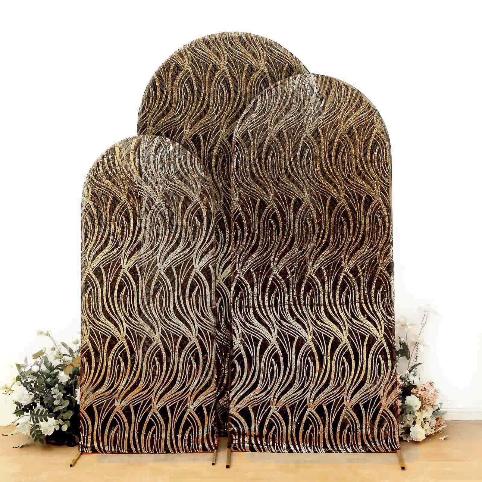 Set of 3 Black Wave Mesh Chiara Wedding Arch Covers With Gold Embroidered Sequins, Fitted Covers For Round Top Backdrop Stands - 5ft,6ft,7ft - Bell Racket Store