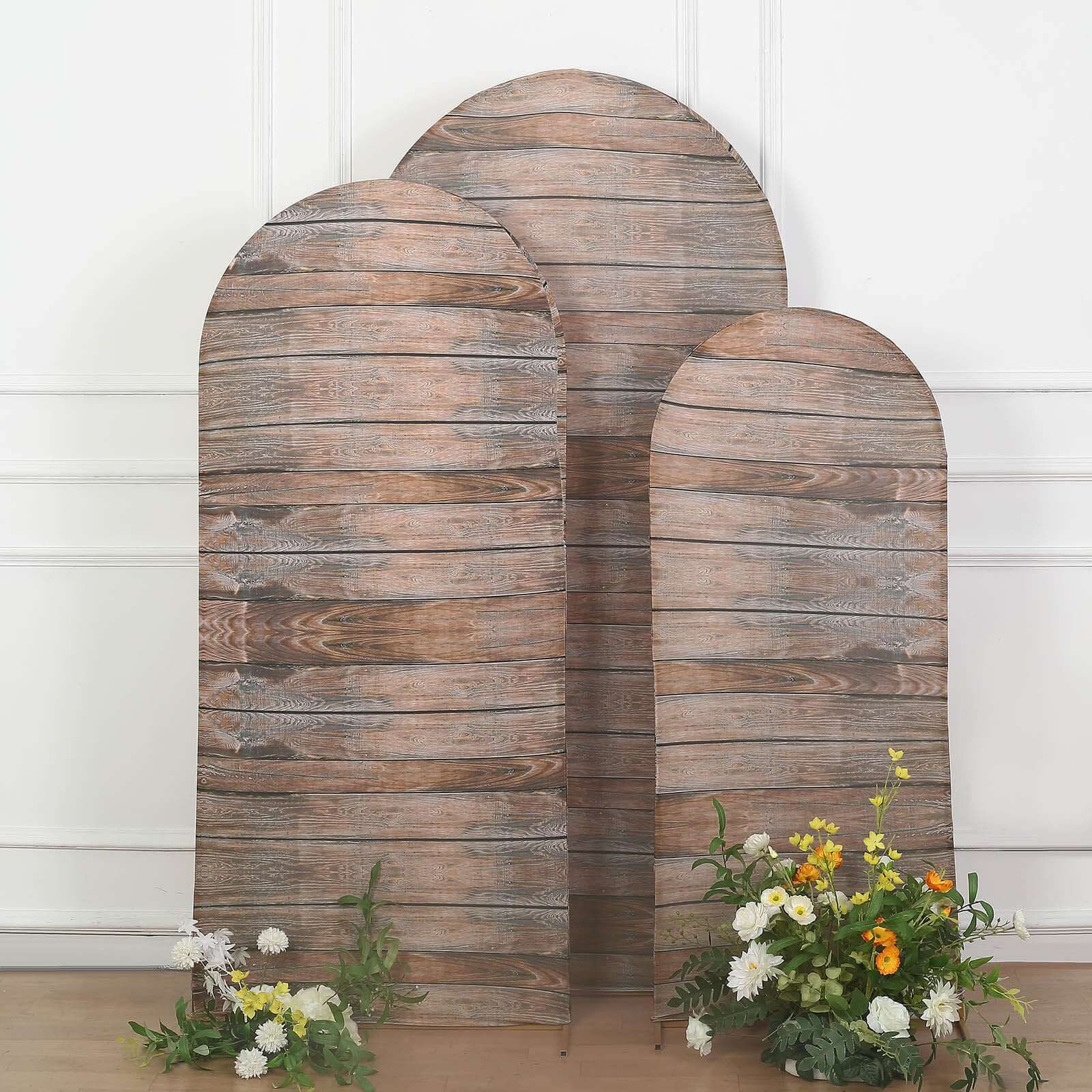 Set of 3 Brown Rustic Wood Plank Pattern Spandex Fitted Chiara Backdrop Stand Cover For Round Top Wedding Arch - 5ft, 6ft, 7ft - Bell Racket Store