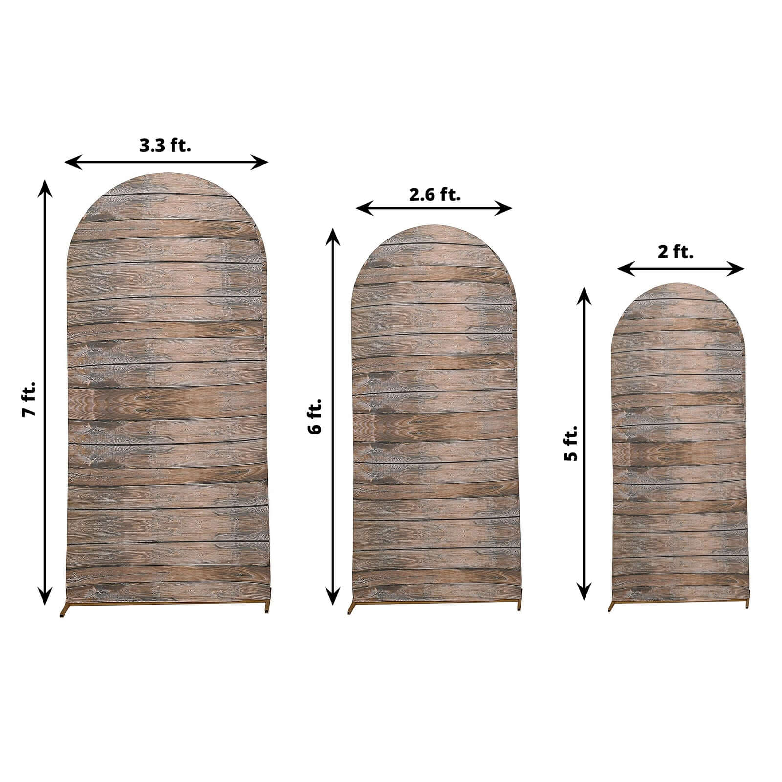 Set of 3 Brown Rustic Wood Plank Pattern Spandex Fitted Chiara Backdrop Stand Cover For Round Top Wedding Arch - 5ft, 6ft, 7ft - Bell Racket Store