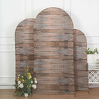 Set of 3 Brown Rustic Wood Plank Pattern Spandex Fitted Chiara Backdrop Stand Cover For Round Top Wedding Arch - 5ft, 6ft, 7ft - Bell Racket Store