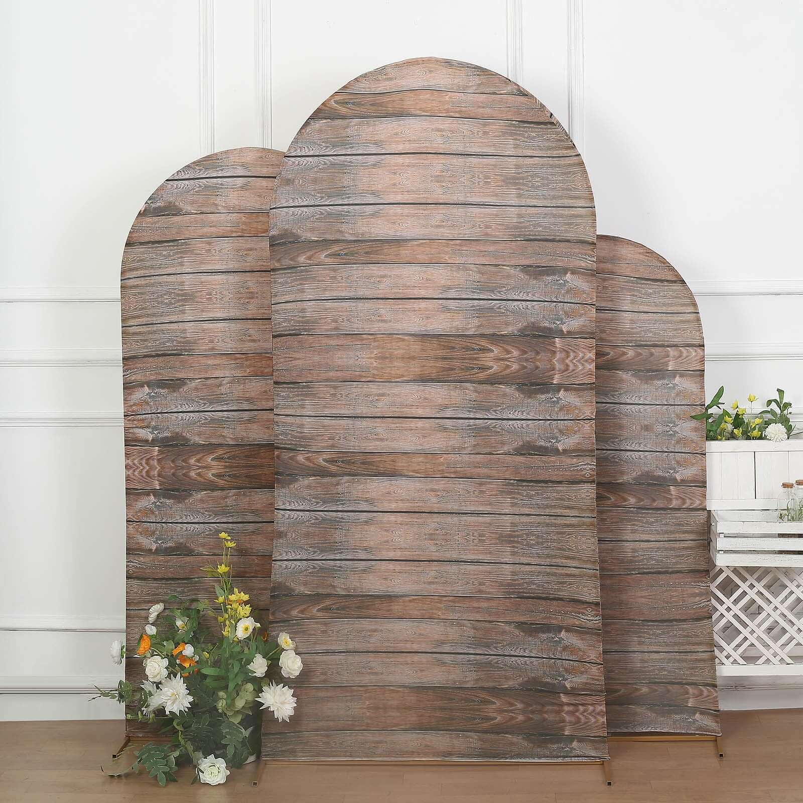Set of 3 Brown Rustic Wood Plank Pattern Spandex Fitted Chiara Backdrop Stand Cover For Round Top Wedding Arch - 5ft, 6ft, 7ft - Bell Racket Store