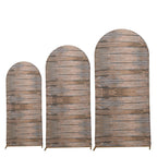 Set of 3 Brown Rustic Wood Plank Pattern Spandex Fitted Chiara Backdrop Stand Cover For Round Top Wedding Arch - 5ft, 6ft, 7ft - Bell Racket Store