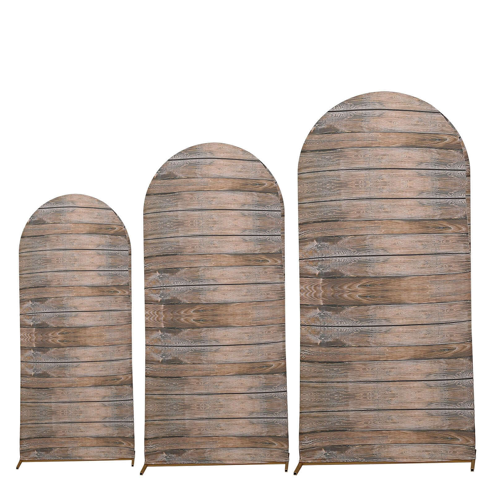 Set of 3 Brown Rustic Wood Plank Pattern Spandex Fitted Chiara Backdrop Stand Cover For Round Top Wedding Arch - 5ft, 6ft, 7ft - Bell Racket Store