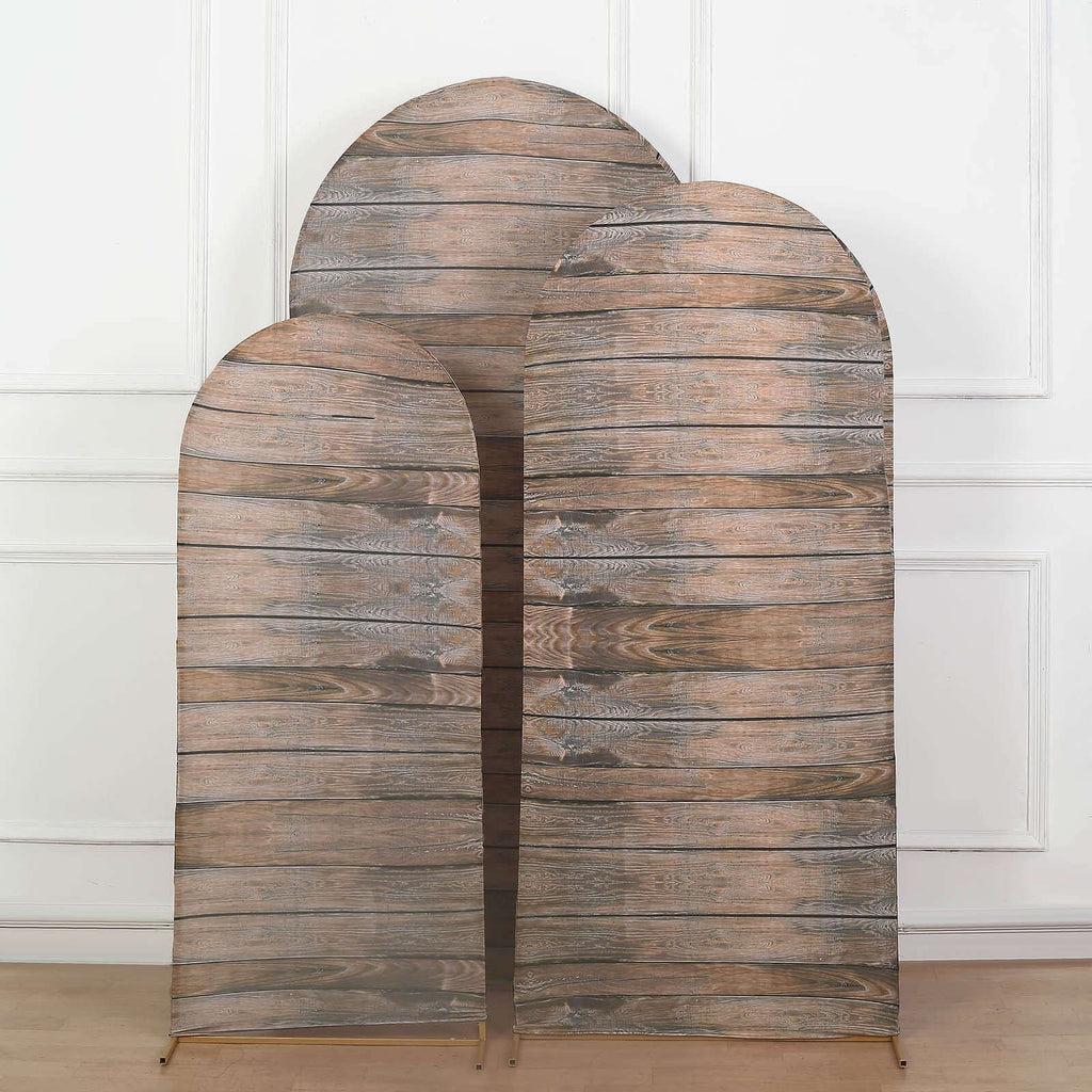 Set of 3 Brown Rustic Wood Plank Pattern Spandex Fitted Chiara Backdrop Stand Cover For Round Top Wedding Arch - 5ft, 6ft, 7ft - Bell Racket Store