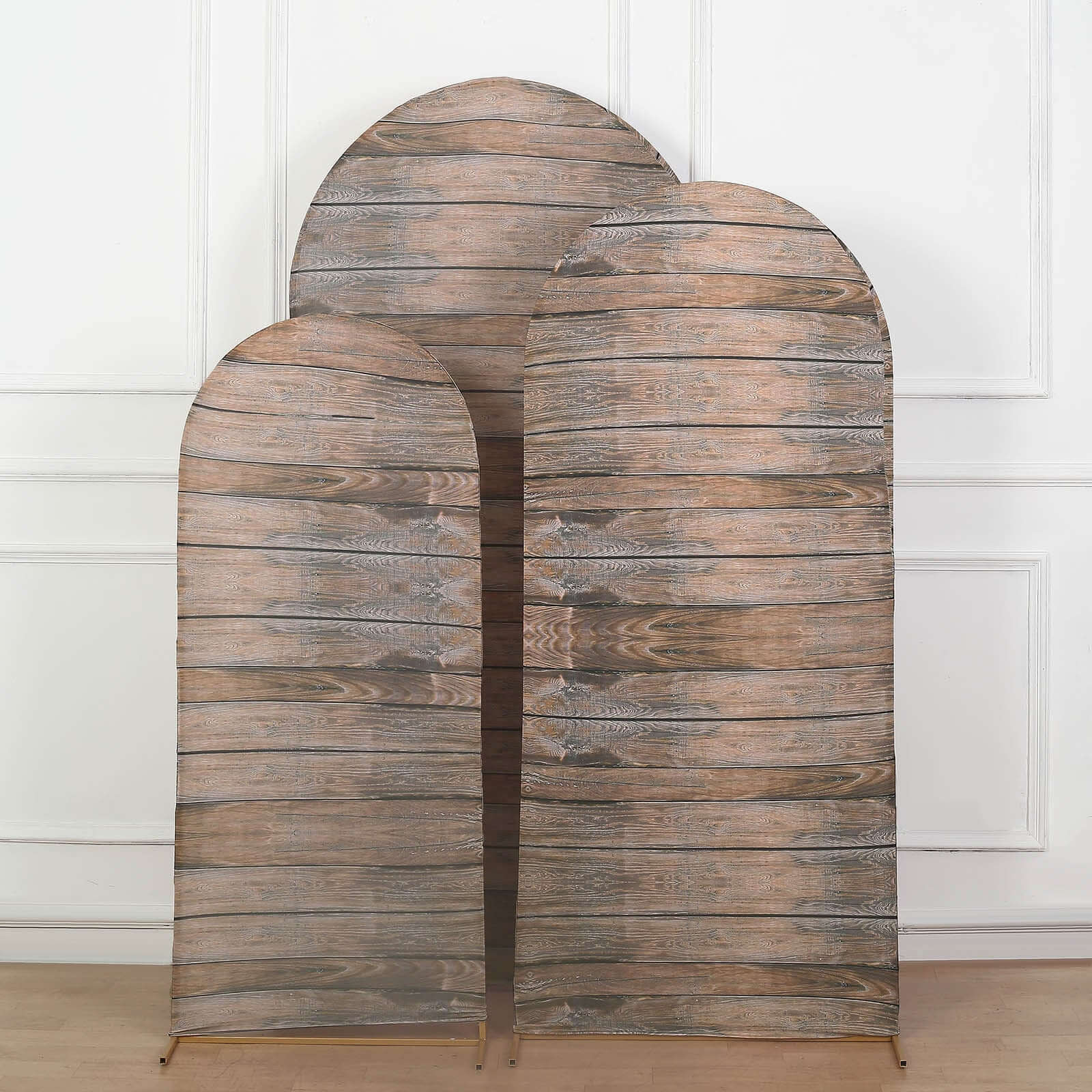 Set of 3 Brown Rustic Wood Plank Pattern Spandex Fitted Chiara Backdrop Stand Cover For Round Top Wedding Arch - 5ft, 6ft, 7ft - Bell Racket Store