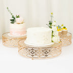 Set of 3 Cake Stands Baroque Ornate Design with Glass Top Gold - Stackable Dessert Display Trays Metal 10", 12", 14" - Bell Racket Store