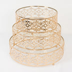 Set of 3 Cake Stands Baroque Ornate Design with Glass Top Gold - Stackable Dessert Display Trays Metal 10", 12", 14" - Bell Racket Store