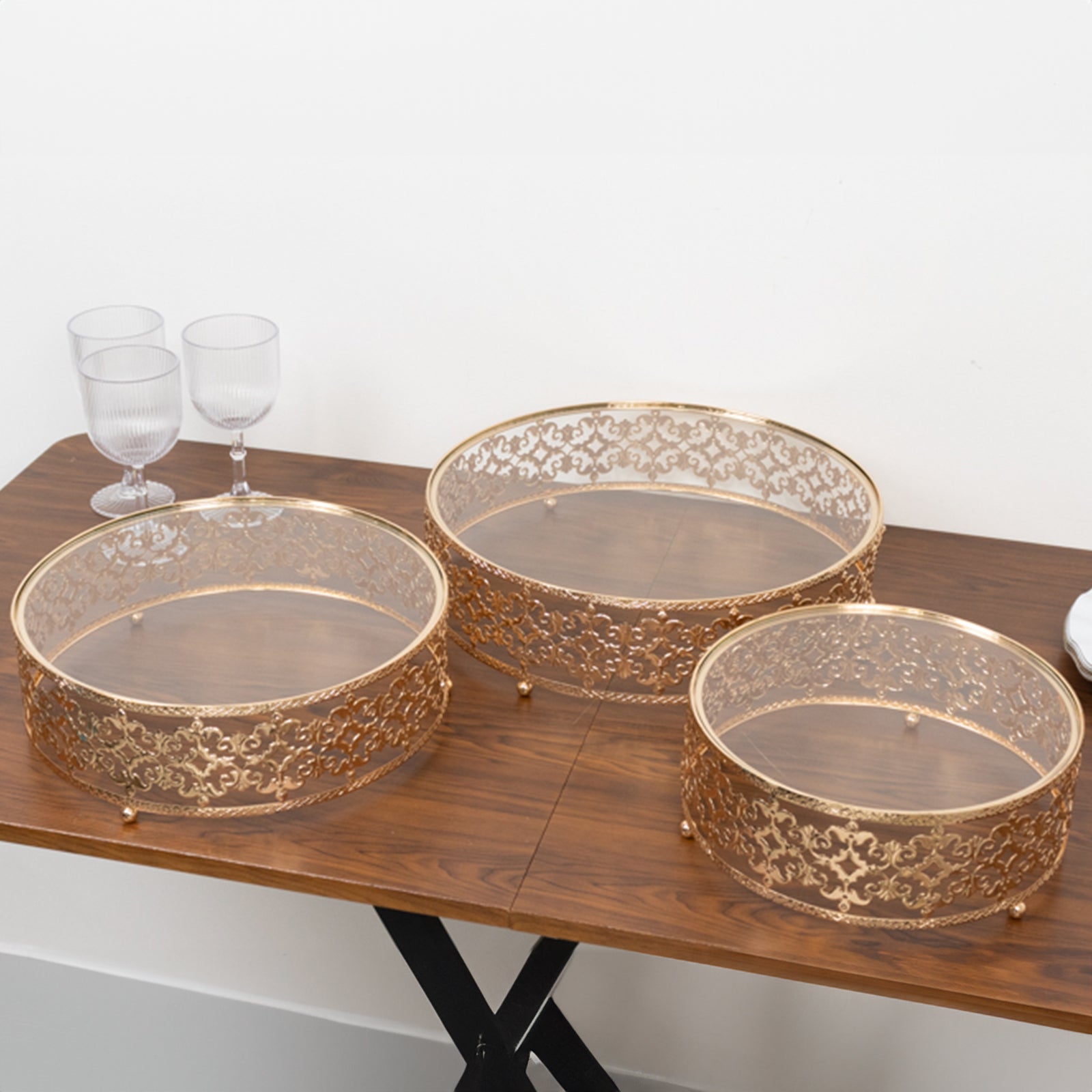 Set of 3 Cake Stands Baroque Ornate Design with Glass Top Gold - Stackable Dessert Display Trays Metal 10", 12", 14" - Bell Racket Store