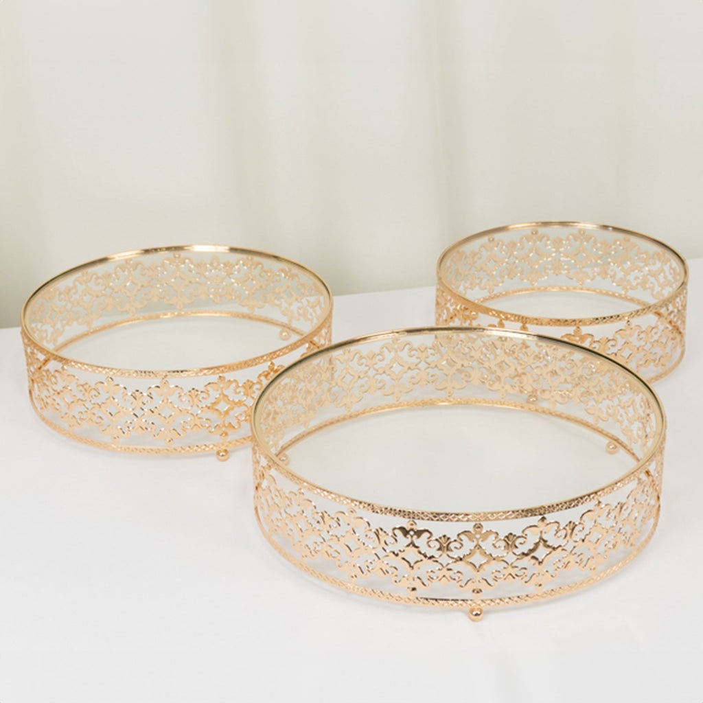 Set of 3 Cake Stands Baroque Ornate Design with Glass Top Gold - Stackable Dessert Display Trays Metal 10", 12", 14" - Bell Racket Store