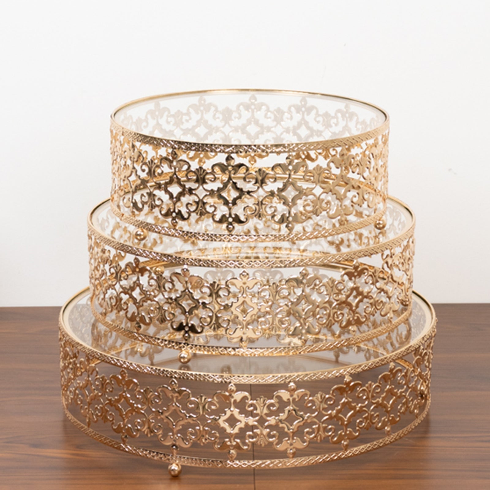 Set of 3 Cake Stands Baroque Ornate Design with Glass Top Gold - Stackable Dessert Display Trays Metal 10", 12", 14" - Bell Racket Store