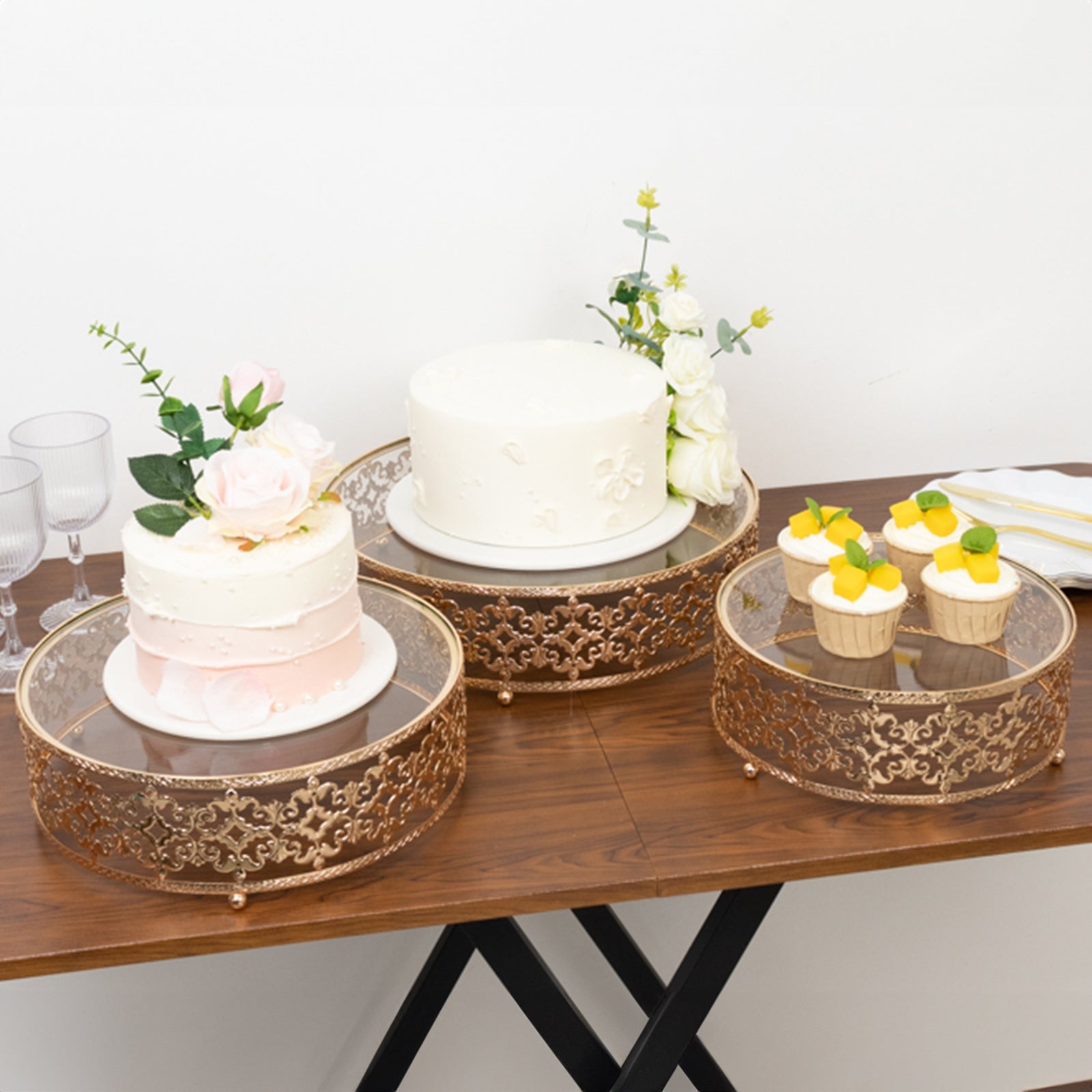 Set of 3 Cake Stands Baroque Ornate Design with Glass Top Gold - Stackable Dessert Display Trays Metal 10", 12", 14" - Bell Racket Store
