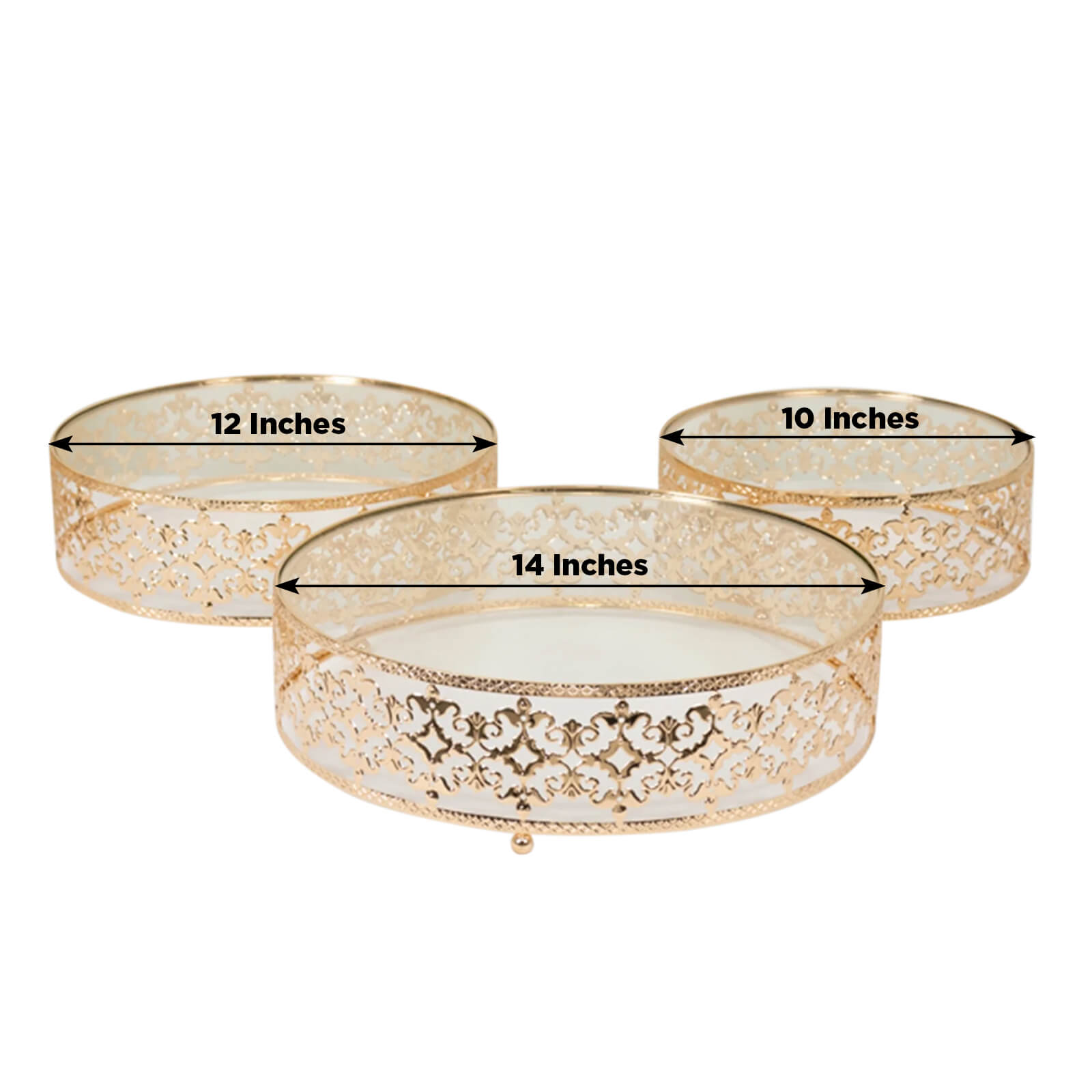 Set of 3 Cake Stands Baroque Ornate Design with Glass Top Gold - Stackable Dessert Display Trays Metal 10", 12", 14" - Bell Racket Store