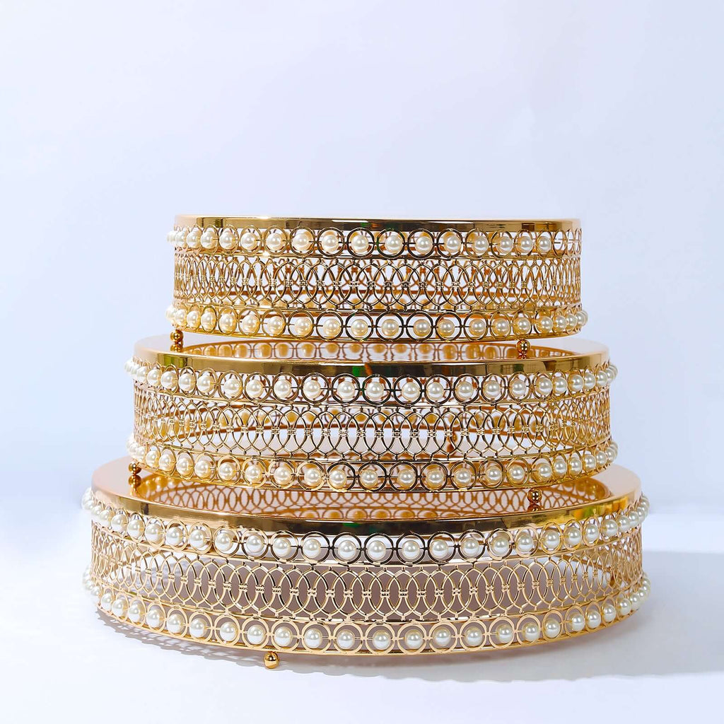 Set of 3 Cake Stands Round Design with Mirror Top Gold - Pearl Beaded Stackable Cupcake Holders Metal 12", 14", 16" - Bell Racket Store