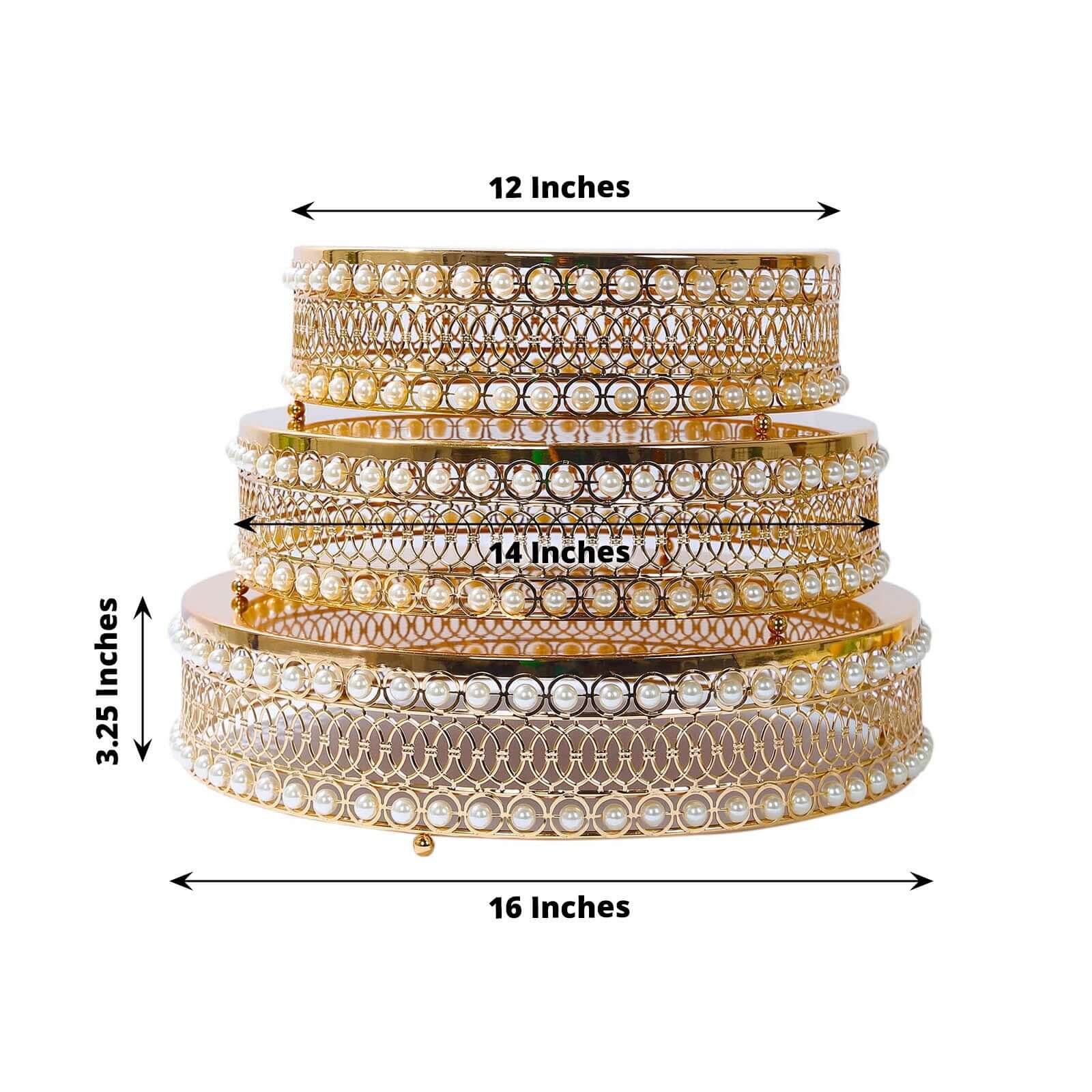 Set of 3 Cake Stands Round Design with Mirror Top Gold - Pearl Beaded Stackable Cupcake Holders Metal 12", 14", 16" - Bell Racket Store