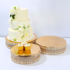 Set of 3 Cake Stands Round Design with Mirror Top Gold - Pearl Beaded Stackable Cupcake Holders Metal 12", 14", 16" - Bell Racket Store
