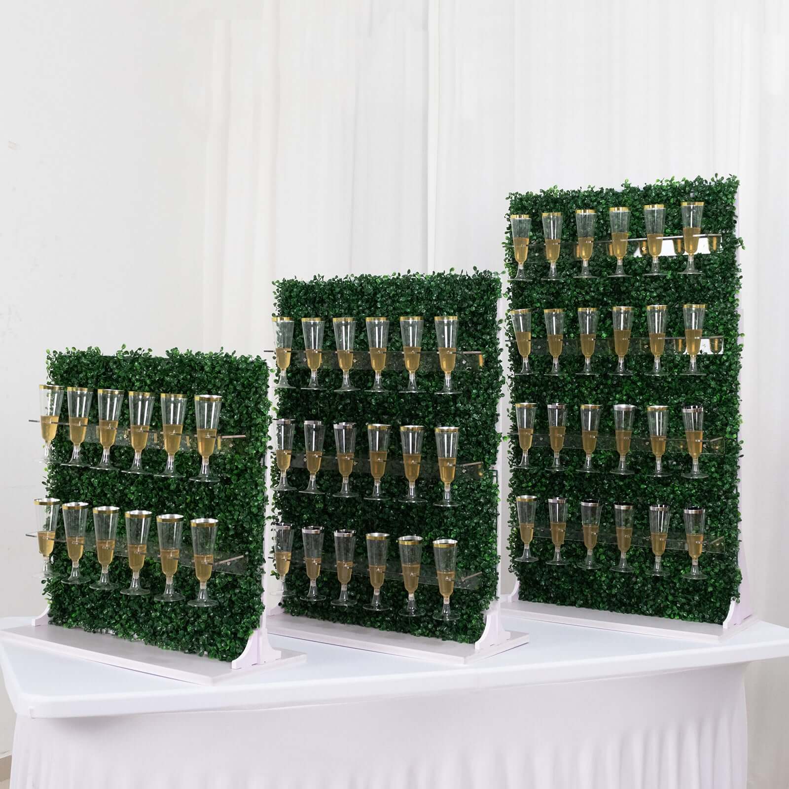 Set of 3 Champagne Wall Glass Holder Green - Tiered Faux Boxwood Stemware Rack Cocktail Display Drink Organizer for Classy Events & Banquets 24", 33", 42" - Bell Racket Store