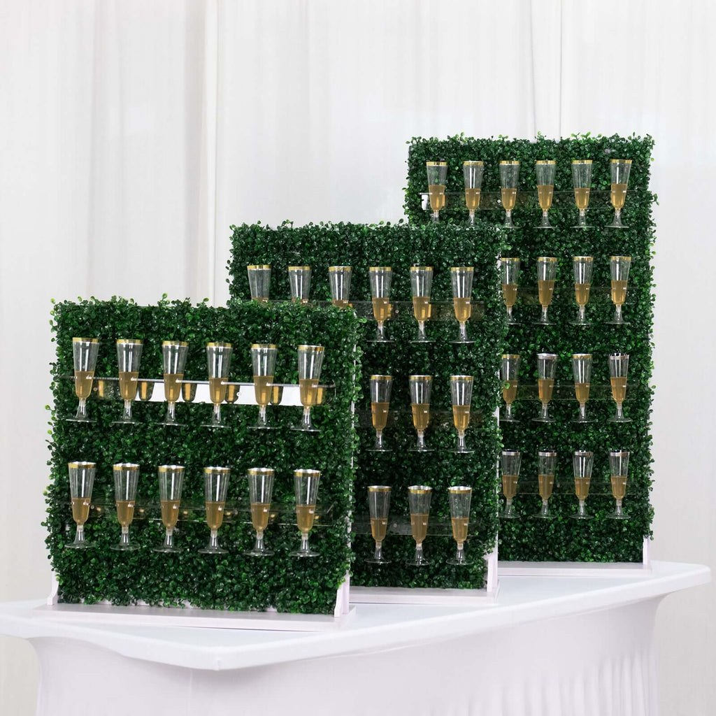 Set of 3 Champagne Wall Glass Holder Green - Tiered Faux Boxwood Stemware Rack Cocktail Display Drink Organizer for Classy Events & Banquets 24", 33", 42" - Bell Racket Store