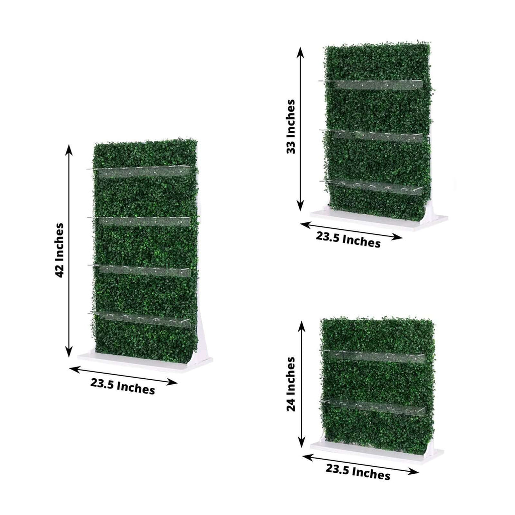 Set of 3 Champagne Wall Glass Holder Green - Tiered Faux Boxwood Stemware Rack Cocktail Display Drink Organizer for Classy Events & Banquets 24", 33", 42" - Bell Racket Store