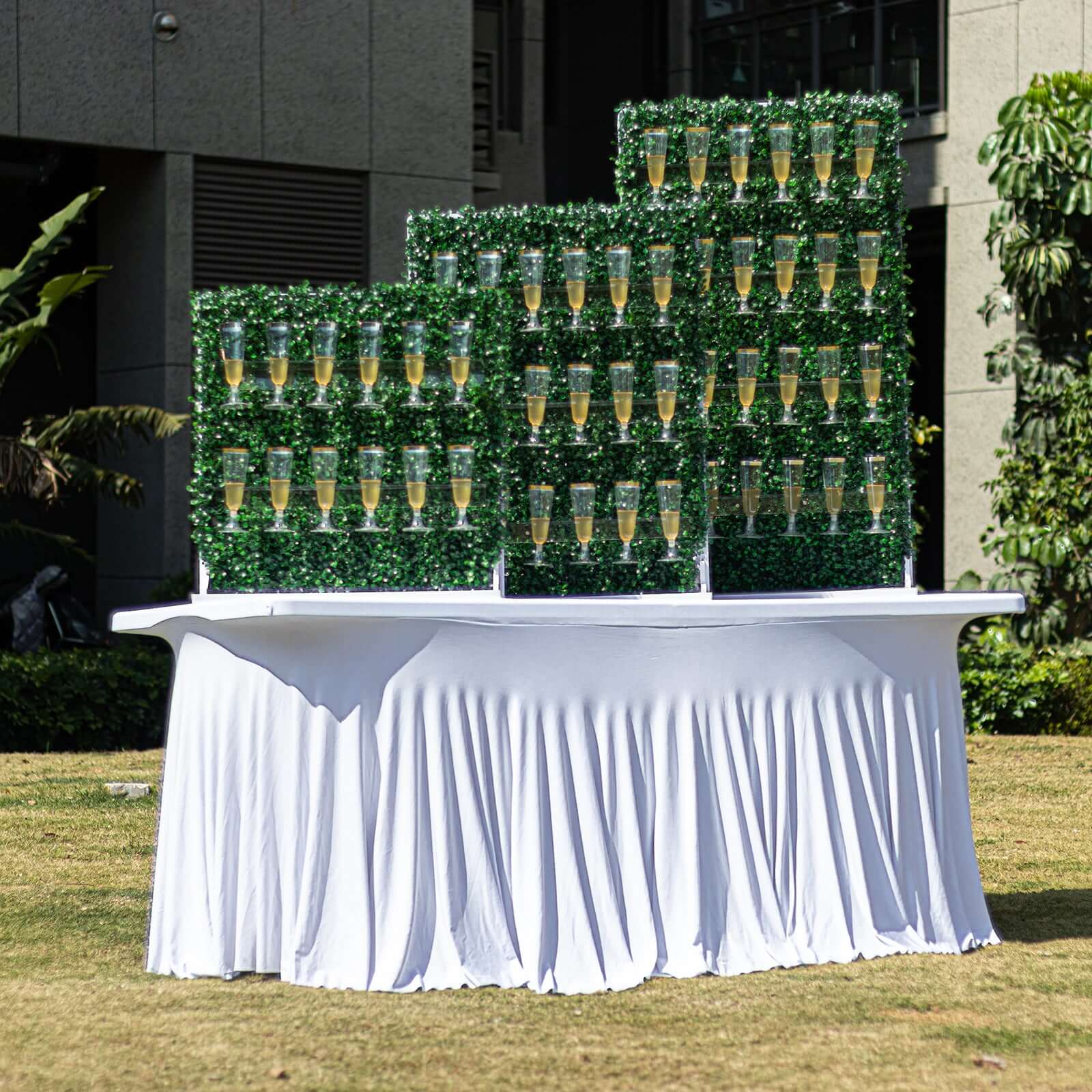 Set of 3 Champagne Wall Glass Holder Green - Tiered Faux Boxwood Stemware Rack Cocktail Display Drink Organizer for Classy Events & Banquets 24", 33", 42" - Bell Racket Store