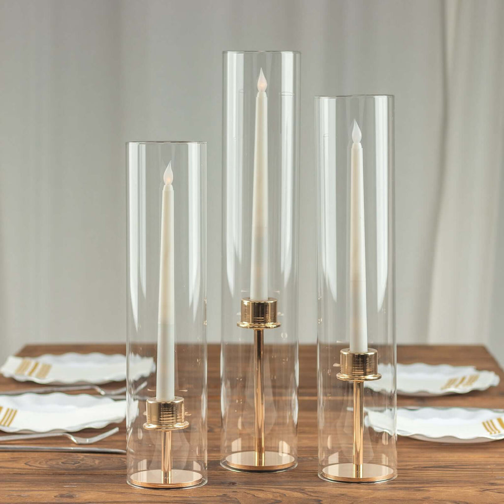 Set of 3 Clear Glass Hurricane Candle Sleeves 3.5" Wide - Chic Pillar Candle Shades Holder Table Centerpiece 15", 17", 19" - Bell Racket Store