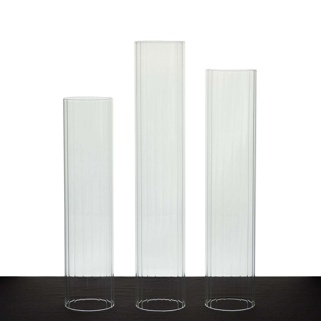 Set of 3 Clear Ribbed Glass Hurricane Shades Open End Design - Stylish Candelabra Pillar Candle Holder Table Centerpiece 15", 17", 19" - Bell Racket Store