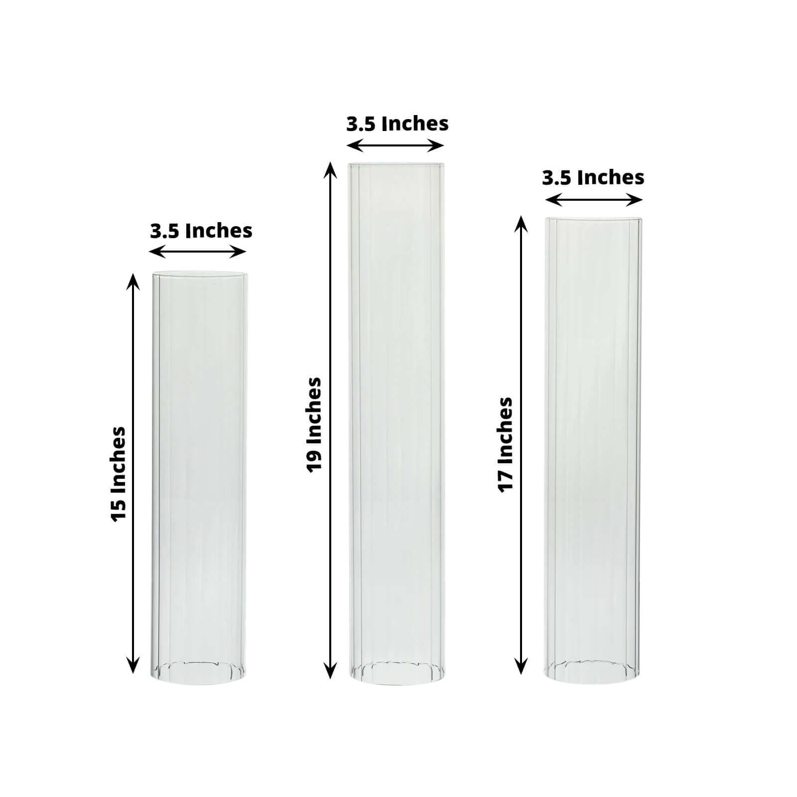 Set of 3 Clear Ribbed Glass Hurricane Shades Open End Design - Stylish Candelabra Pillar Candle Holder Table Centerpiece 15", 17", 19" - Bell Racket Store