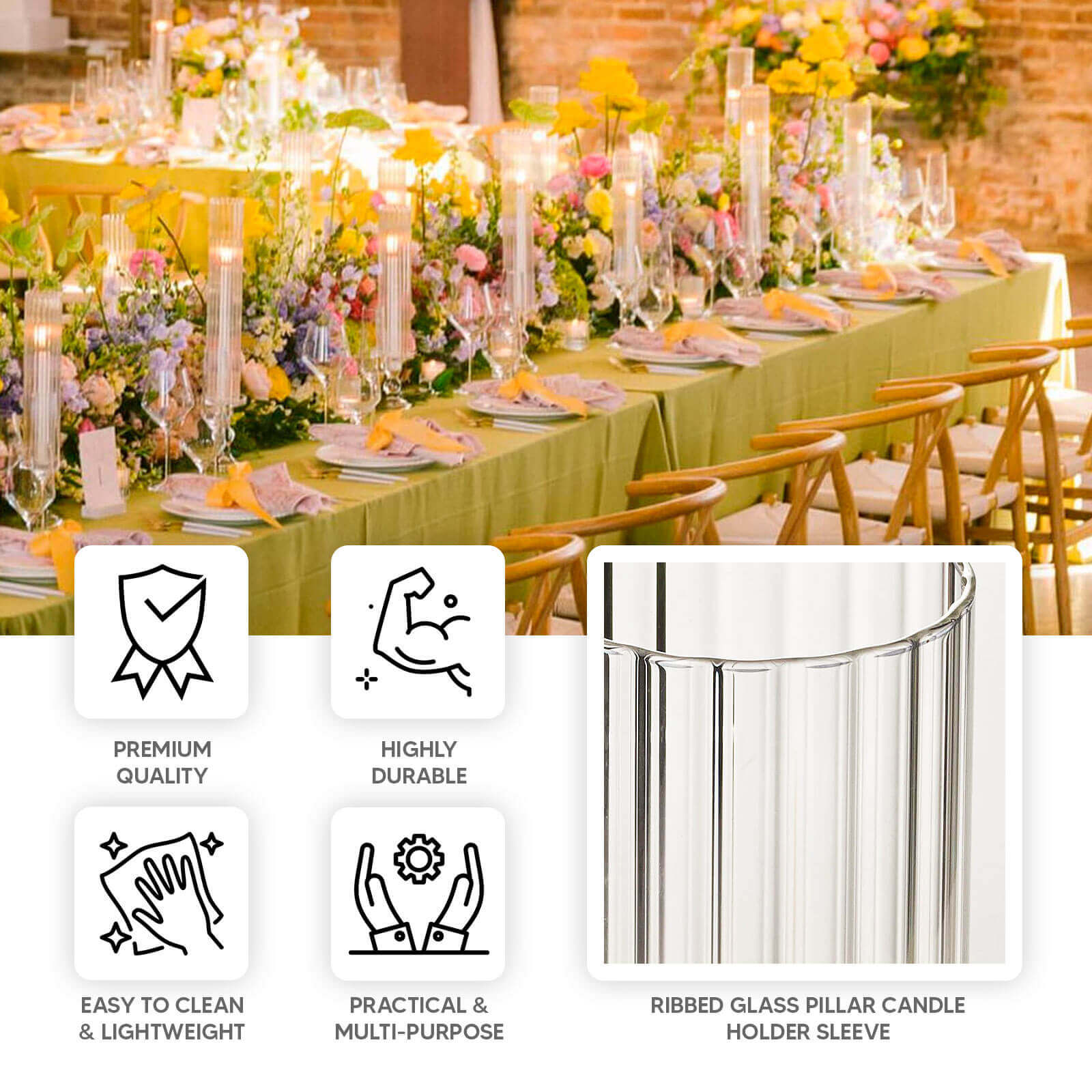 Set of 3 Clear Ribbed Glass Hurricane Shades Open End Design - Stylish Candelabra Pillar Candle Holder Table Centerpiece 15", 17", 19" - Bell Racket Store