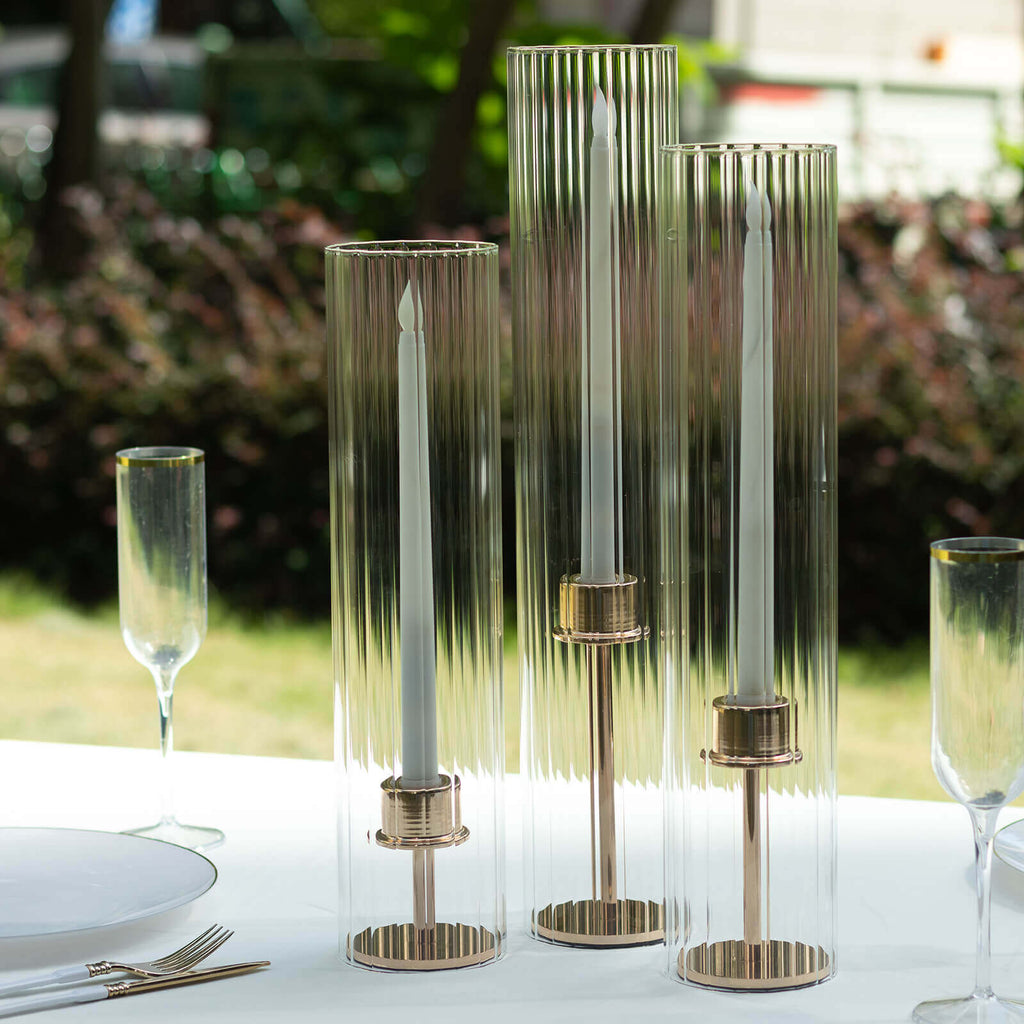 Set of 3 Clear Ribbed Glass Hurricane Shades Open End Design - Stylish Candelabra Pillar Candle Holder Table Centerpiece 15", 17", 19" - Bell Racket Store