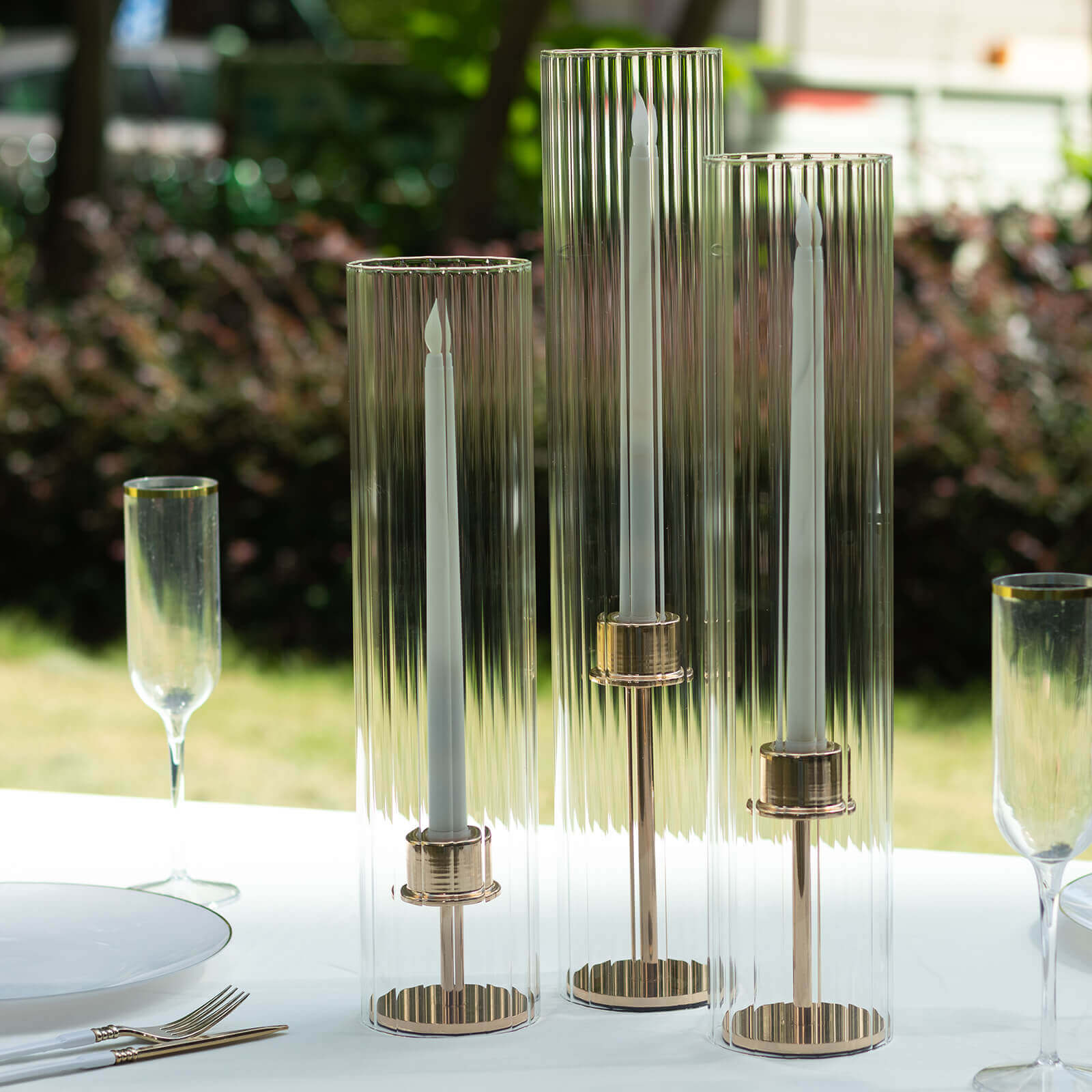 Set of 3 Clear Ribbed Glass Hurricane Shades Open End Design - Stylish Candelabra Pillar Candle Holder Table Centerpiece 15", 17", 19" - Bell Racket Store