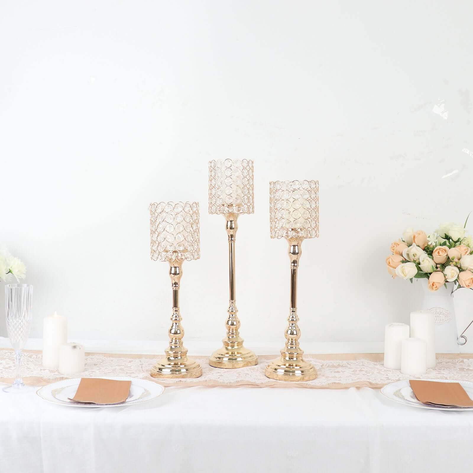 Set of 3 Crystal Beaded Goblet Votive Candle Holder Stands Gold - Tea Light Centerpiece 18", 16", 14" - Bell Racket Store